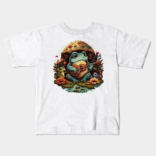 Cottagecore aesthetic cute frog playing ukelele on Mushroom Kids T-Shirt